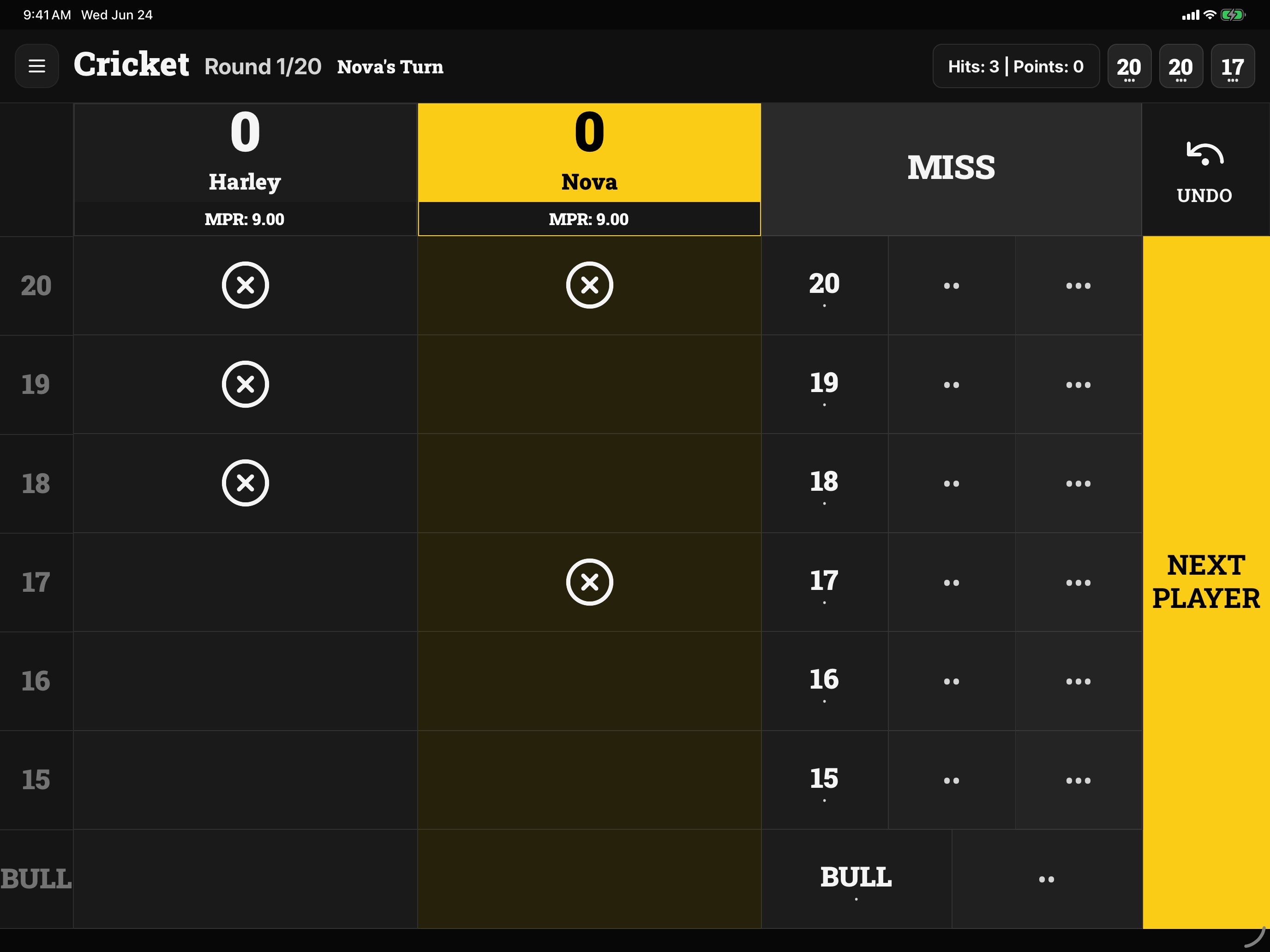 Scorefly iPad Cricket scoring screen with marks and one-tap controls