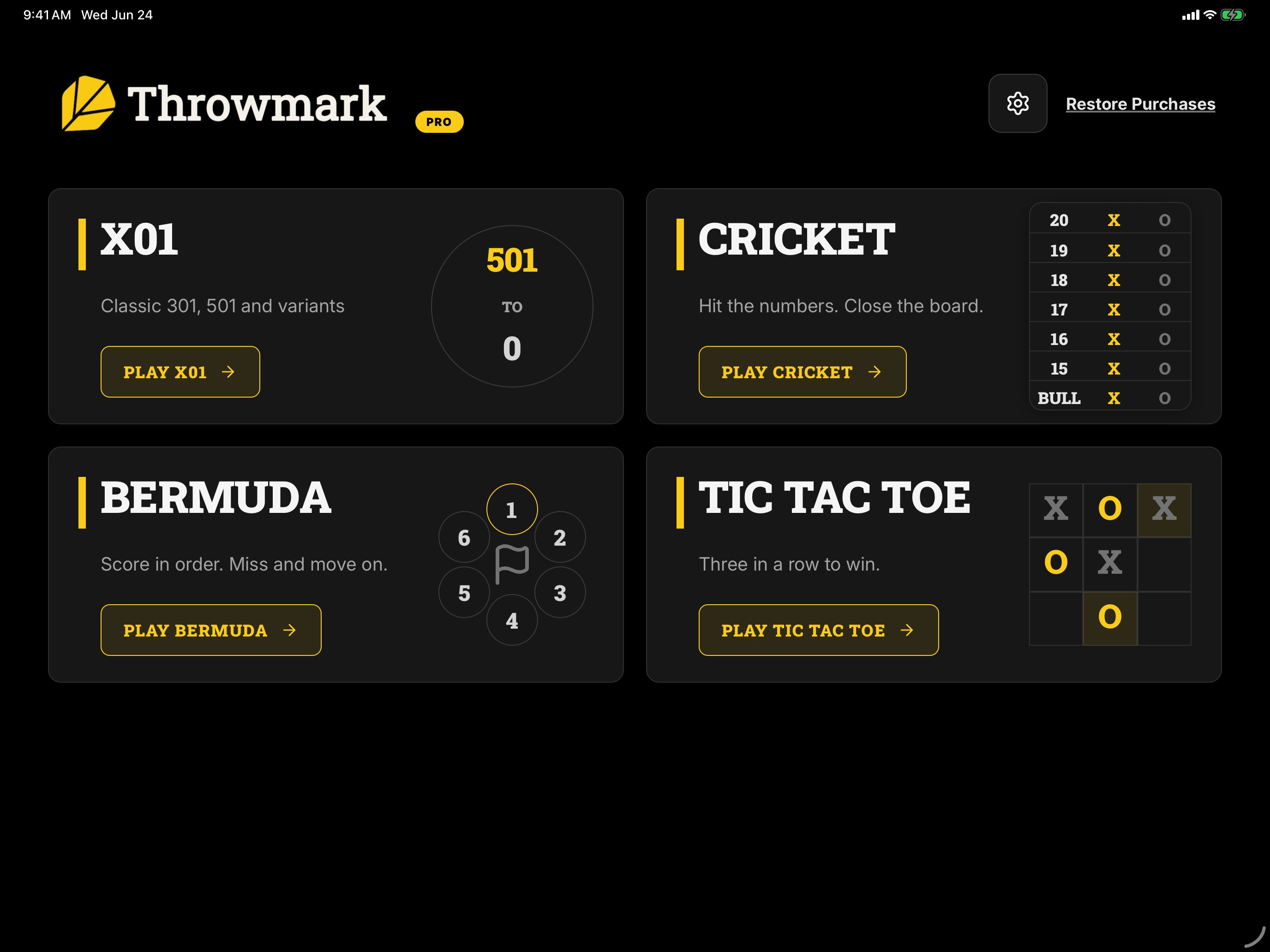 Scorefly iPad game selection screen