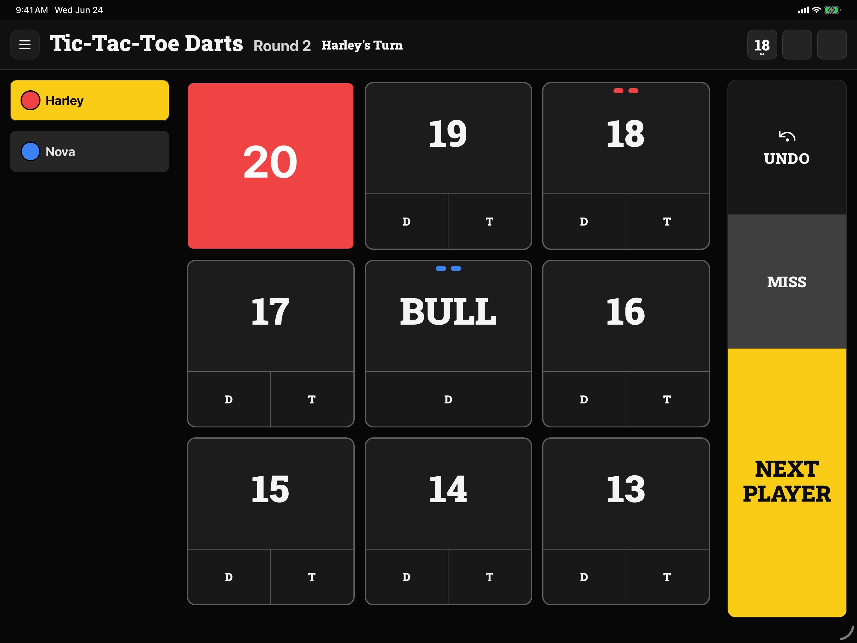 Tic Tac Toe scoring screen in Scorefly