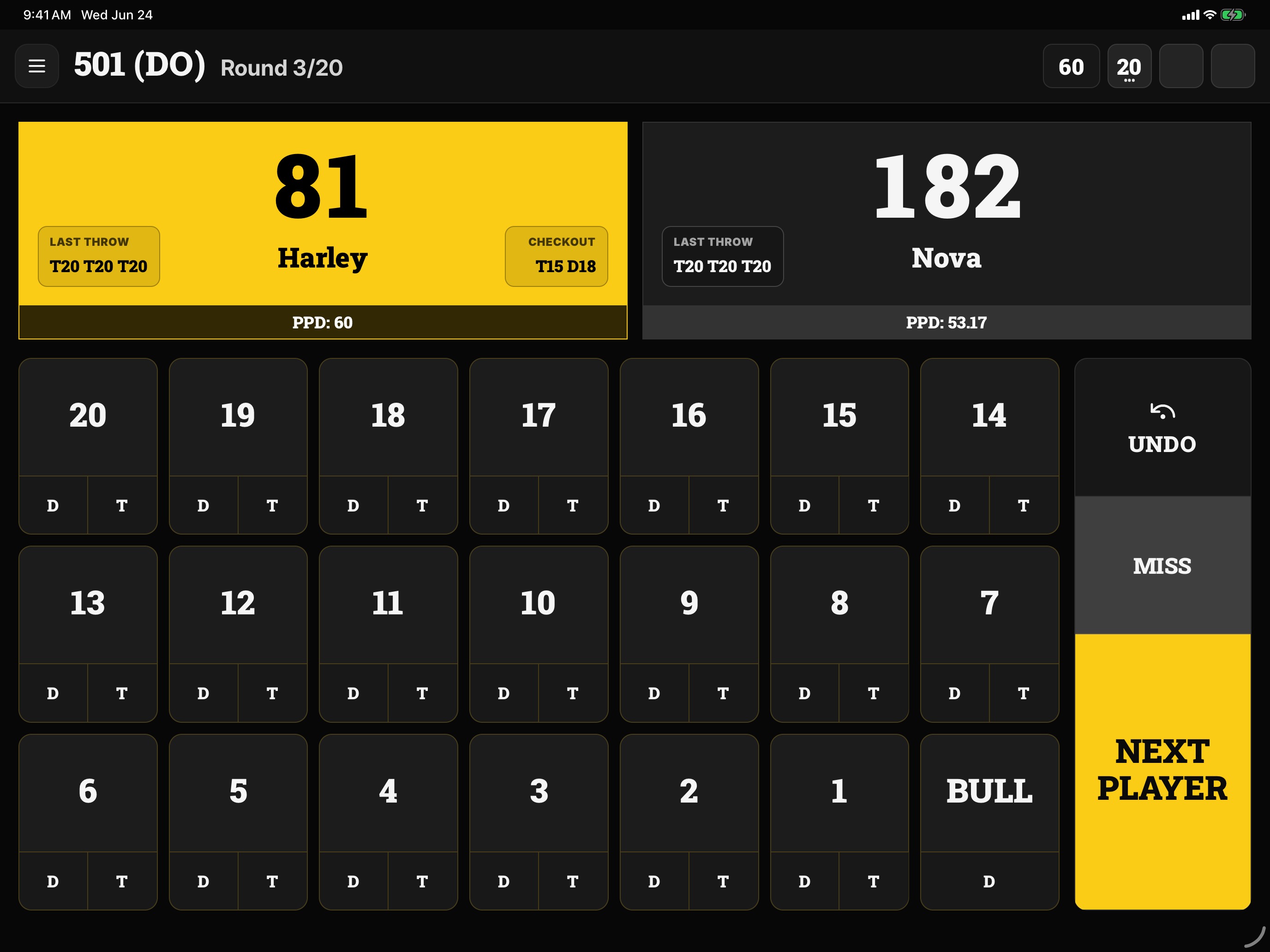 Scorefly iPad X01 scoring screen with large controls and checkout suggestions