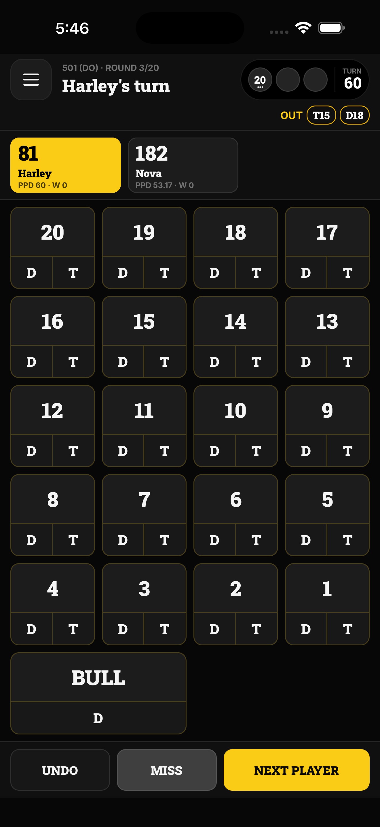 Scorefly iPhone X01 scoring screen